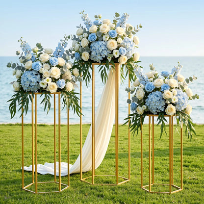 3Pcs Wedding Backdrop Pedestal Stand Gold Metal Hexagon Wedding Frame Plinth Pillars Table - Image 9