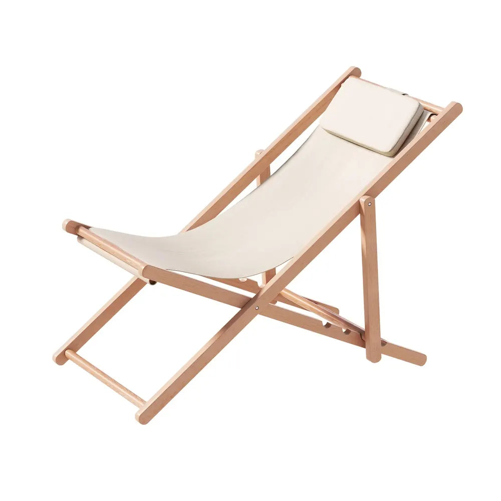 Gardeon Outdoor Deck Chair Wooden Sun Lounge Folding Beach Patio Furniture Beige - Image 8