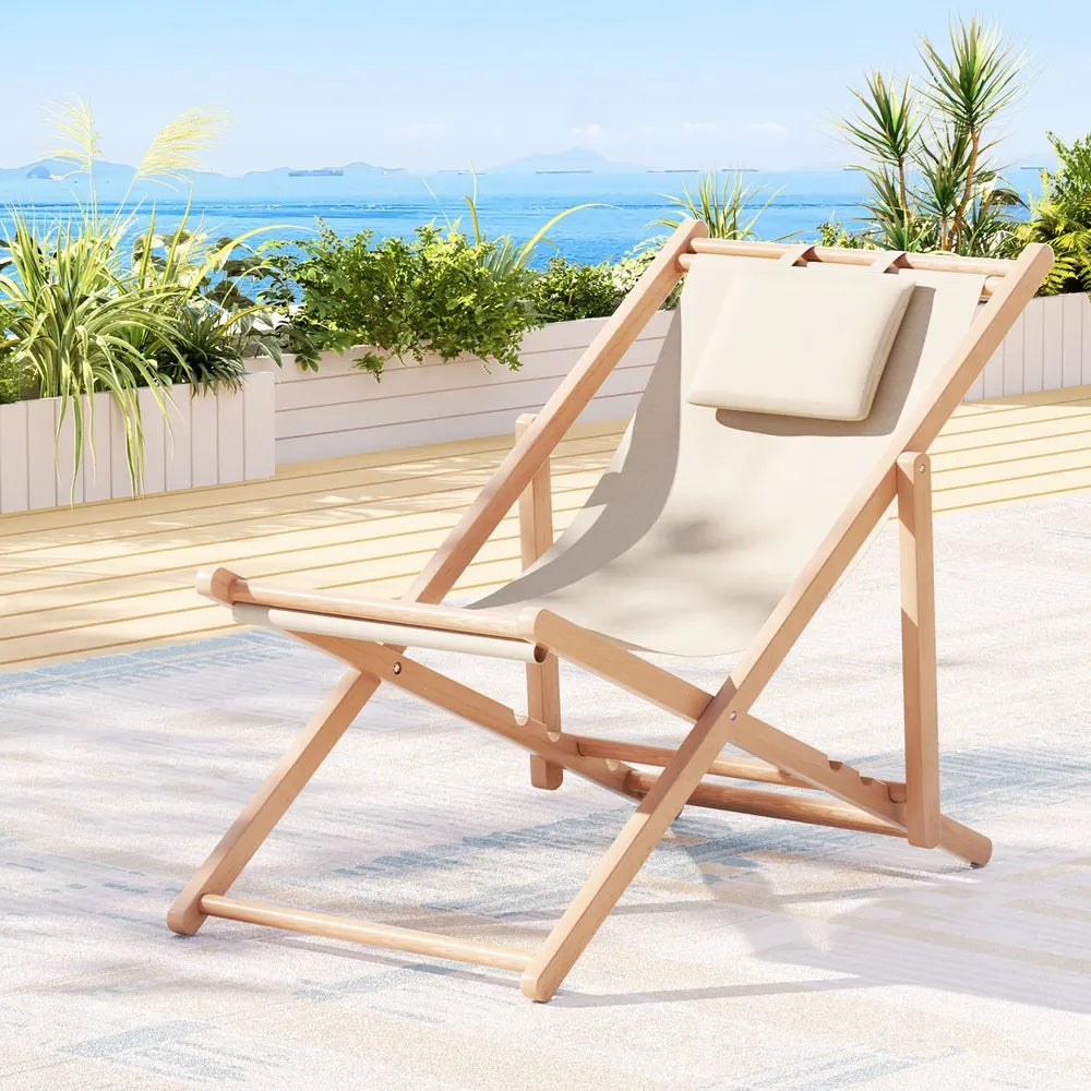 Gardeon Outdoor Deck Chair Wooden Sun Lounge Folding Beach Patio Furniture Beige - Image 7