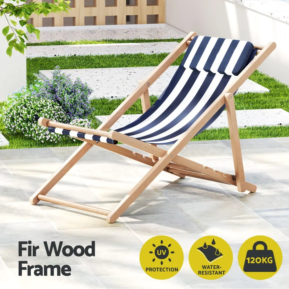 Gardeon Outdoor Deck Chair Wooden Sun Lounge Folding Beach Patio Furniture Blue - Image 4