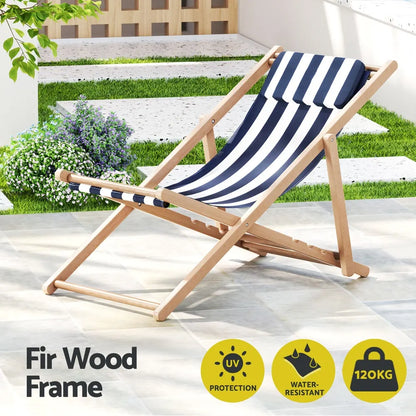 Gardeon Outdoor Deck Chair Wooden Sun Lounge Folding Beach Patio Furniture Blue - Image 4