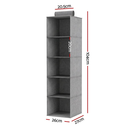 Artiss Hanging Closet Organiser 5 Tier Wardrobe Storage Grey 104cm - Image 2