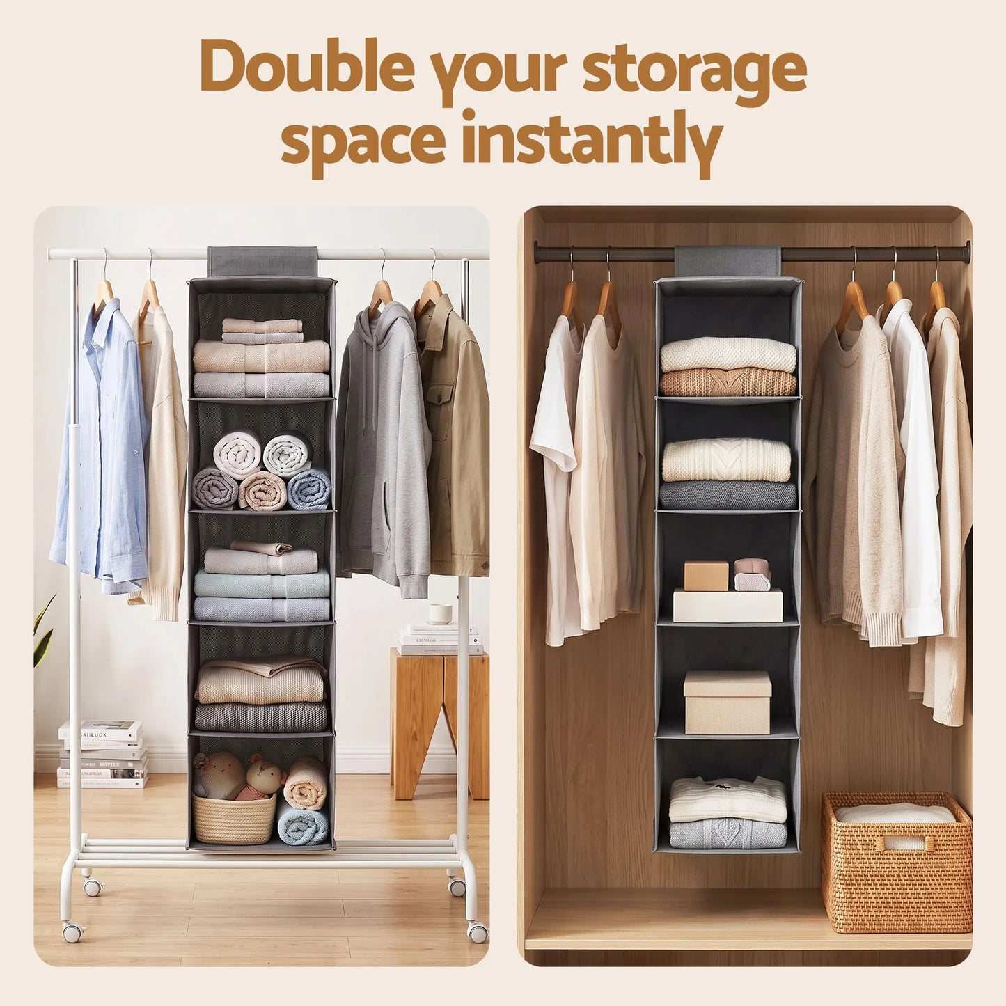 Artiss Hanging Closet Organiser 5 Tier Wardrobe Storage Grey 104cm - Image 4