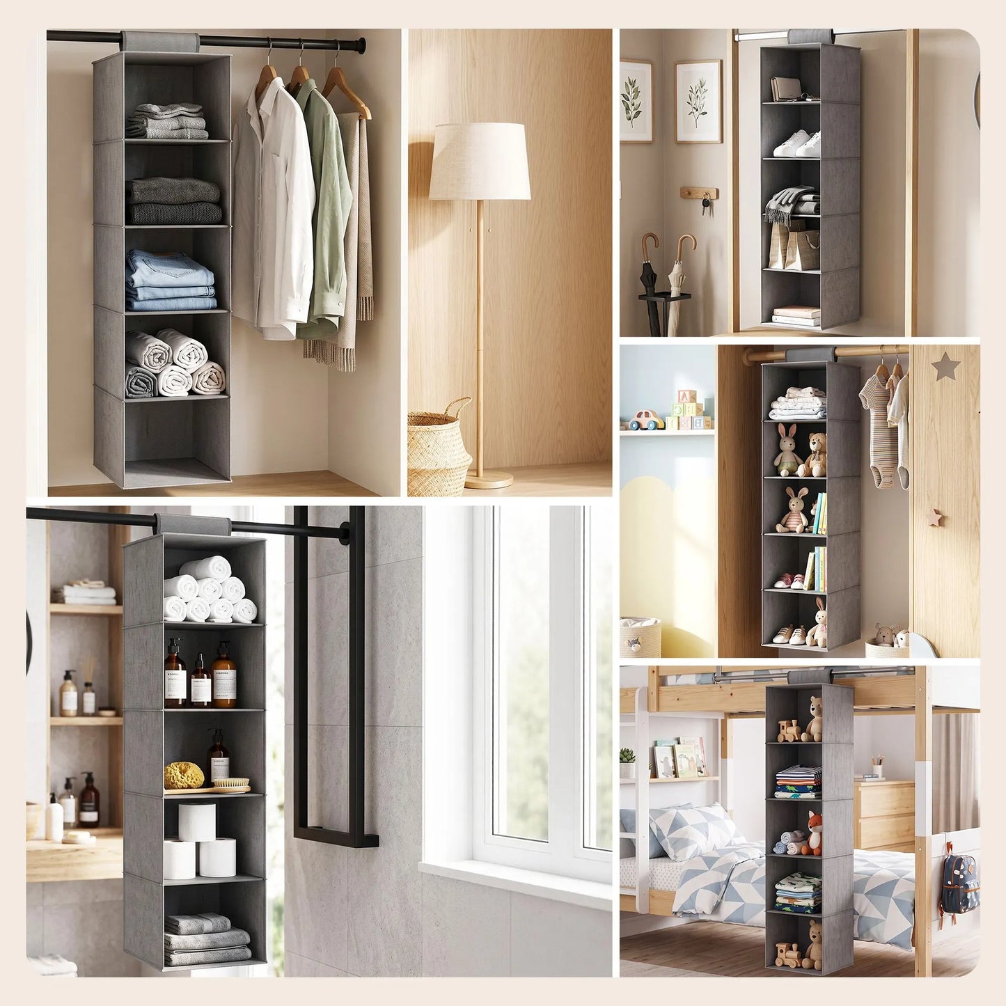 Artiss Hanging Closet Organiser 5 Tier Wardrobe Storage Grey 104cm - Image 6
