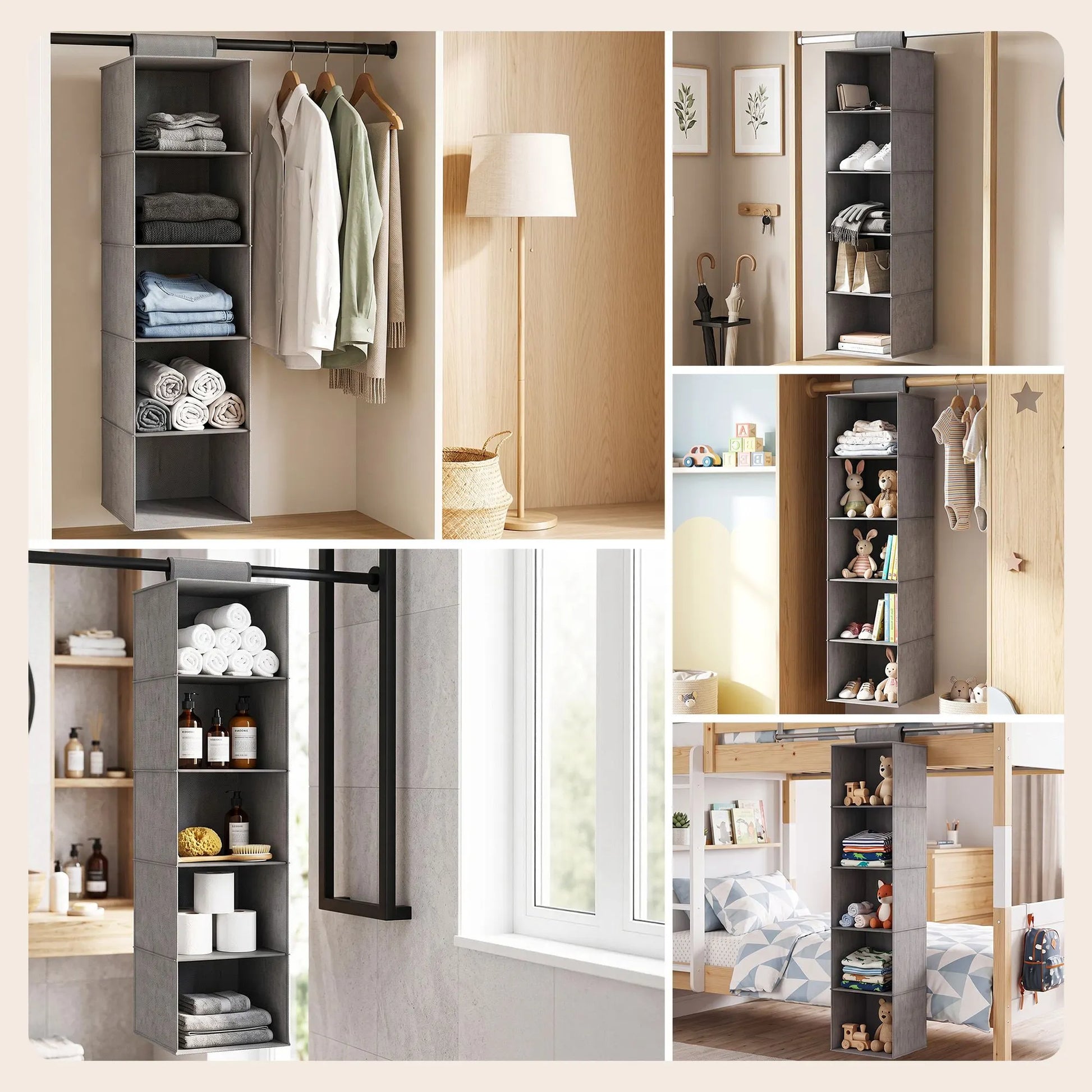 Artiss Hanging Closet Organiser 5 Tier Wardrobe Storage Grey 104cm - Image 6