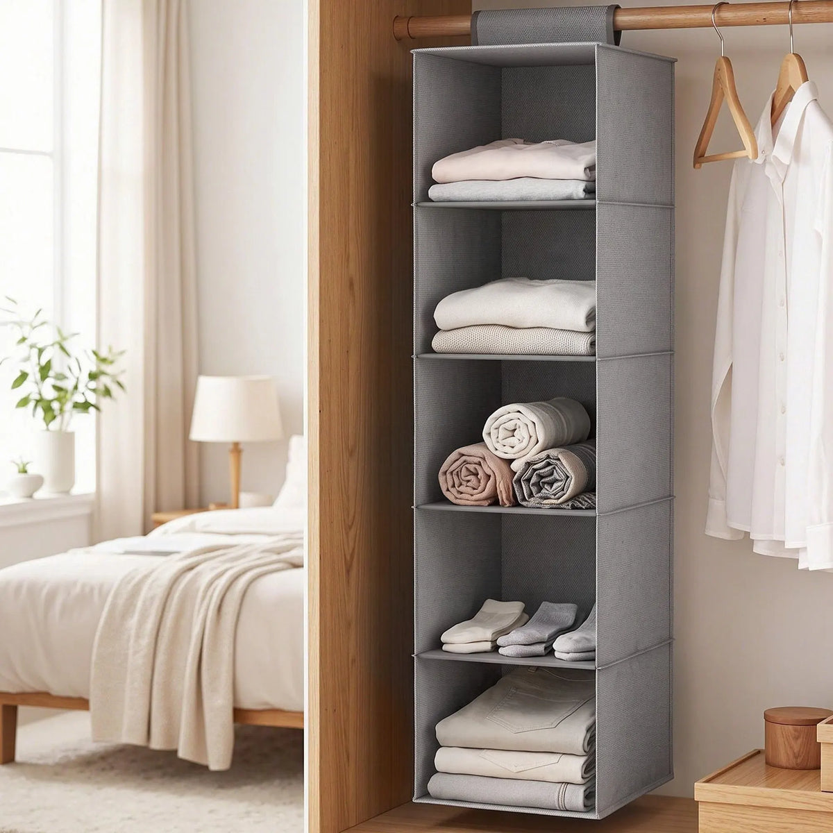 Artiss Hanging Closet Organiser 5 Tier Wardrobe Storage Grey 104cm - Image 7