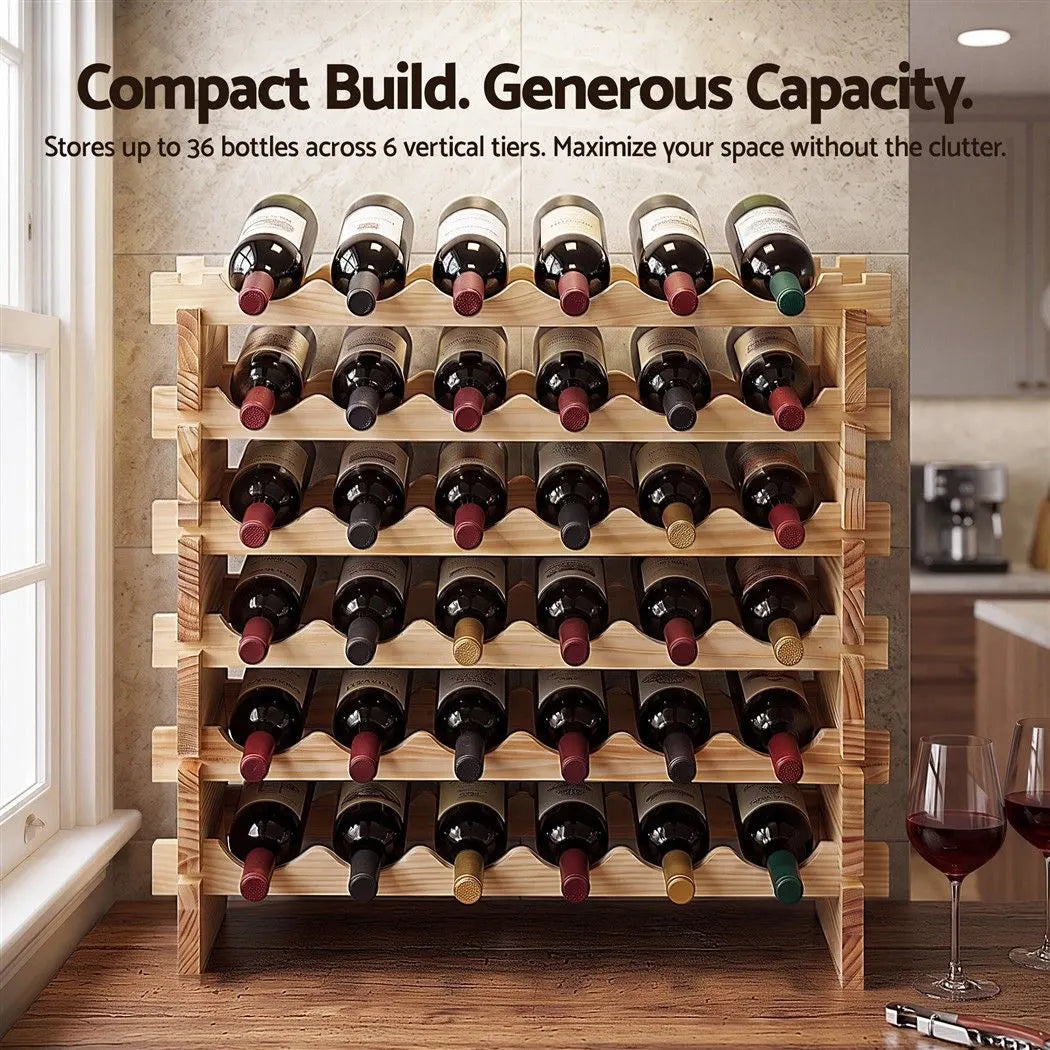 Artiss 36 Bottle Wooden Wine Rack 6 Tier Modular Wine Display Storage Stand Freestanding Holder Natural Pine Wood, 70 x 30 x 70cm - Image 6