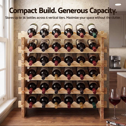 Artiss 36 Bottle Wooden Wine Rack 6 Tier Modular Wine Display Storage Stand Freestanding Holder Natural Pine Wood, 70 x 30 x 70cm - Image 6