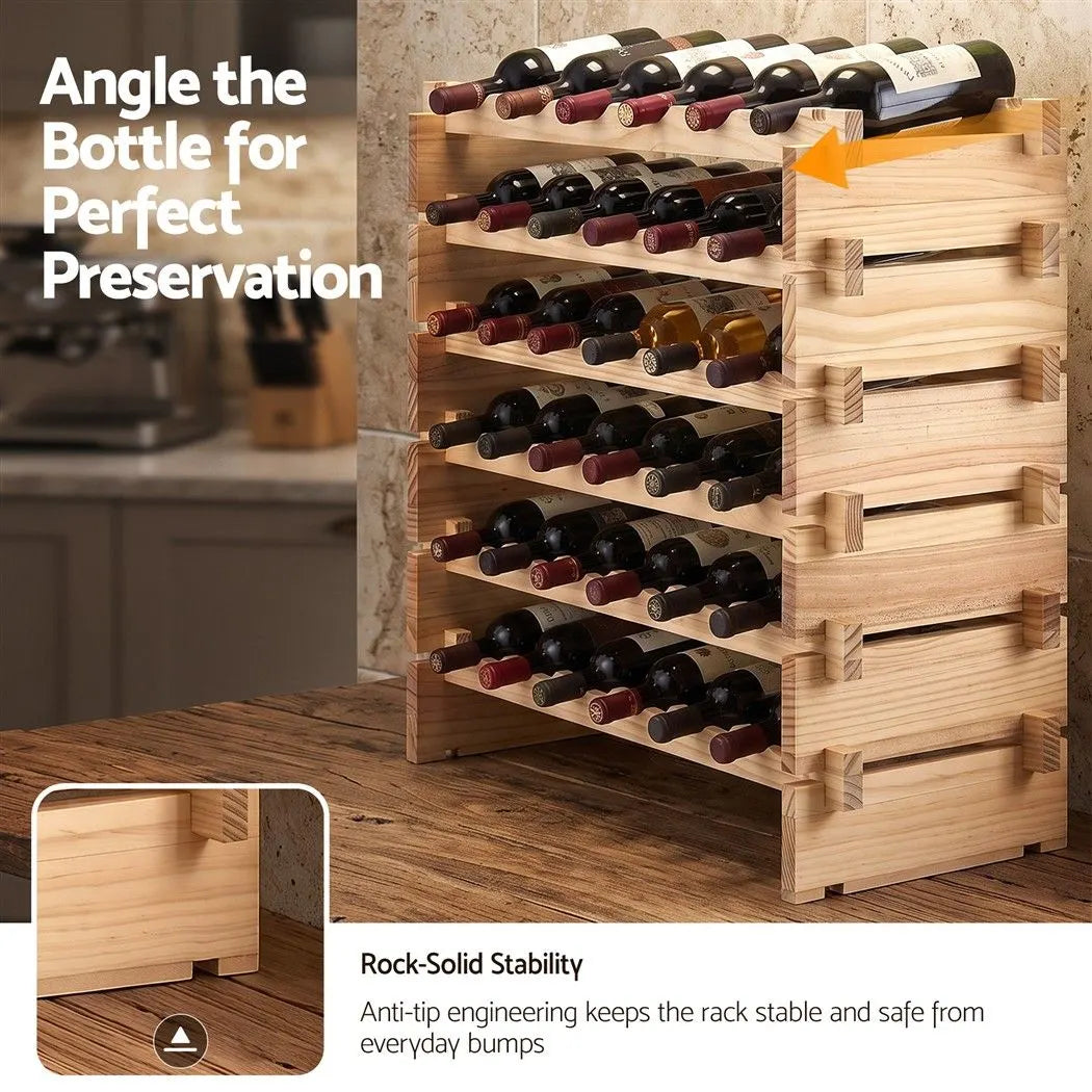 Artiss 36 Bottle Wooden Wine Rack 6 Tier Modular Wine Display Storage Stand Freestanding Holder Natural Pine Wood, 70 x 30 x 70cm - Image 7