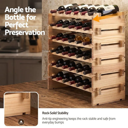 Artiss 36 Bottle Wooden Wine Rack 6 Tier Modular Wine Display Storage Stand Freestanding Holder Natural Pine Wood, 70 x 30 x 70cm - Image 7