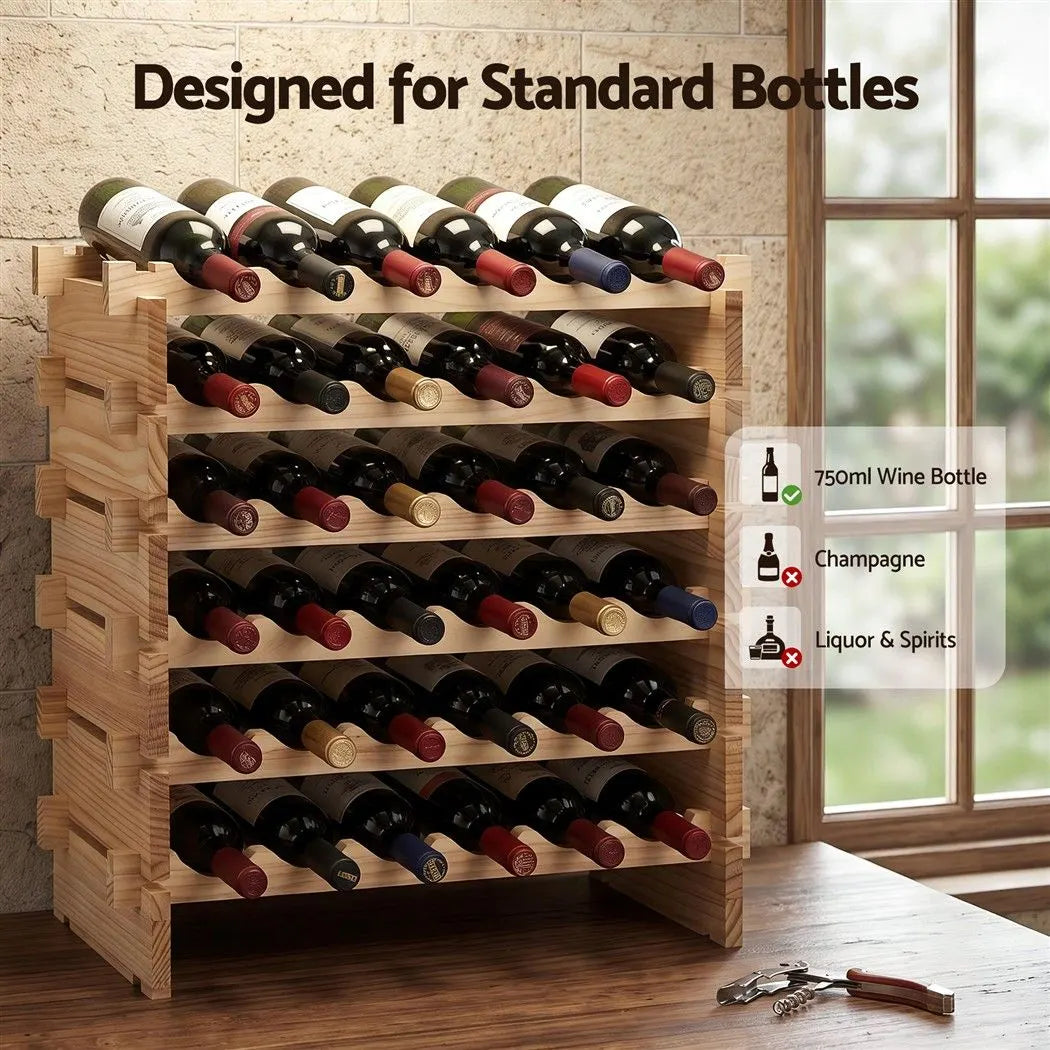 Artiss 36 Bottle Wooden Wine Rack 6 Tier Modular Wine Display Storage Stand Freestanding Holder Natural Pine Wood, 70 x 30 x 70cm - Image 8