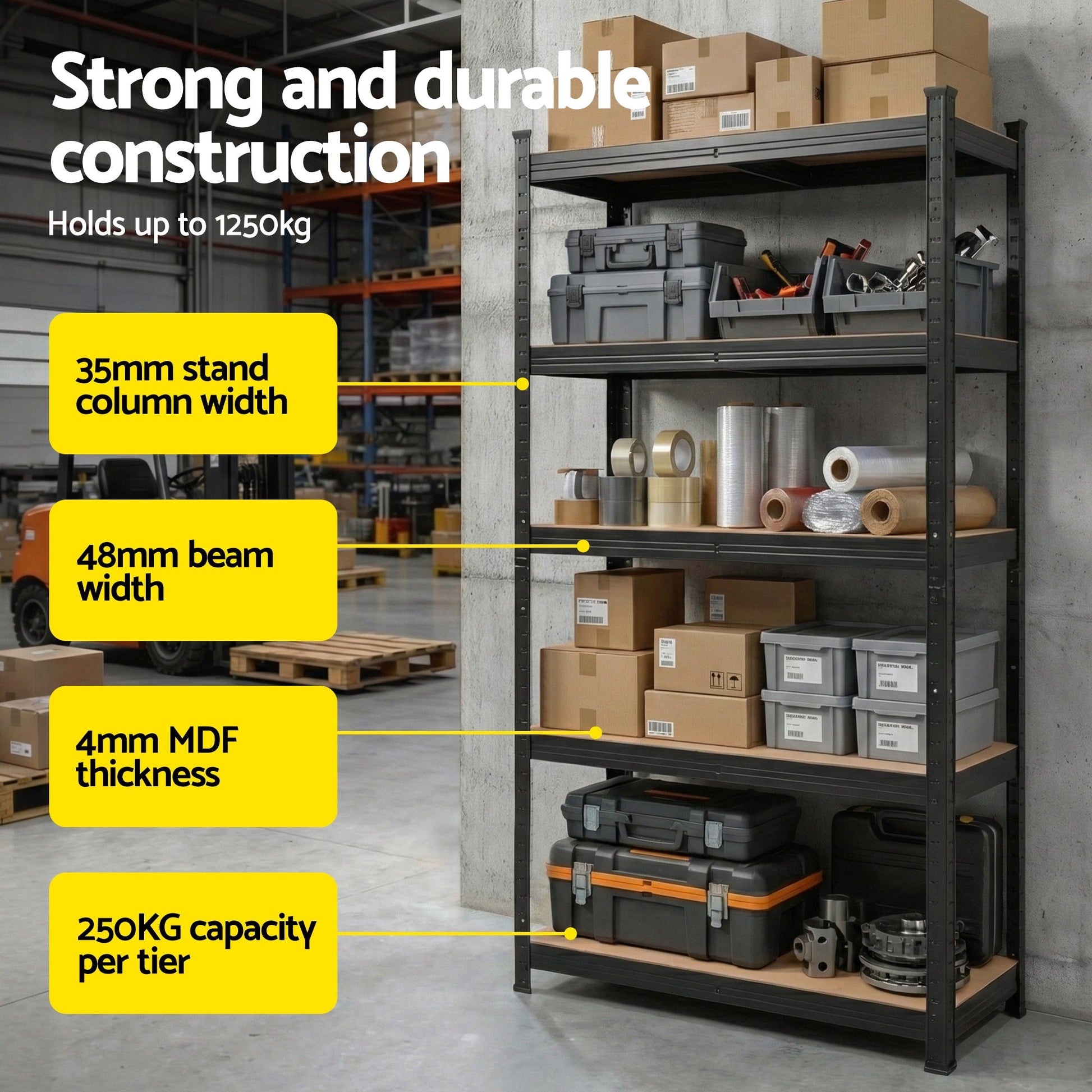 Giantz Garage Shelving 1.6X0.8m Warehouse Shelves Storage Rack Pallet Racking Black - Image 5