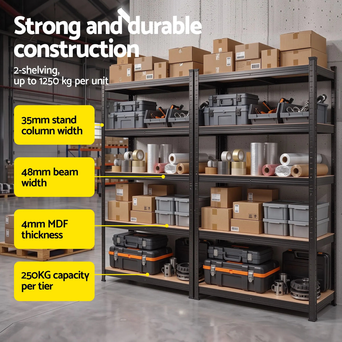 Giantz 2-Rack Garage Shelving 1.6X0.8m MDF Warehouse Shelves Storage Rack Black - Image 3