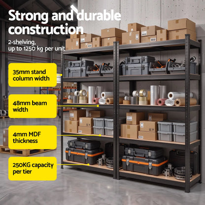 Giantz 2-Rack Garage Shelving 1.6X0.8m MDF Warehouse Shelves Storage Rack Black - Image 3