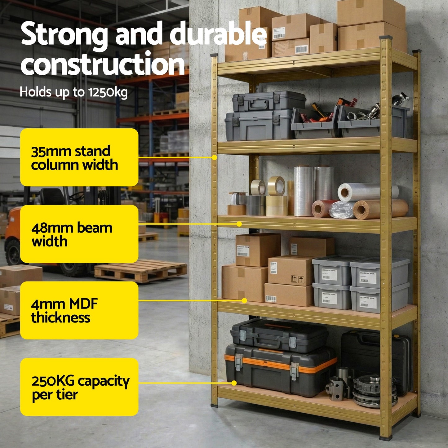 Giantz Garage Shelving 1.6X0.8m Warehouse Shelves Storage Rack Pallet Racking Yellow - Image 5