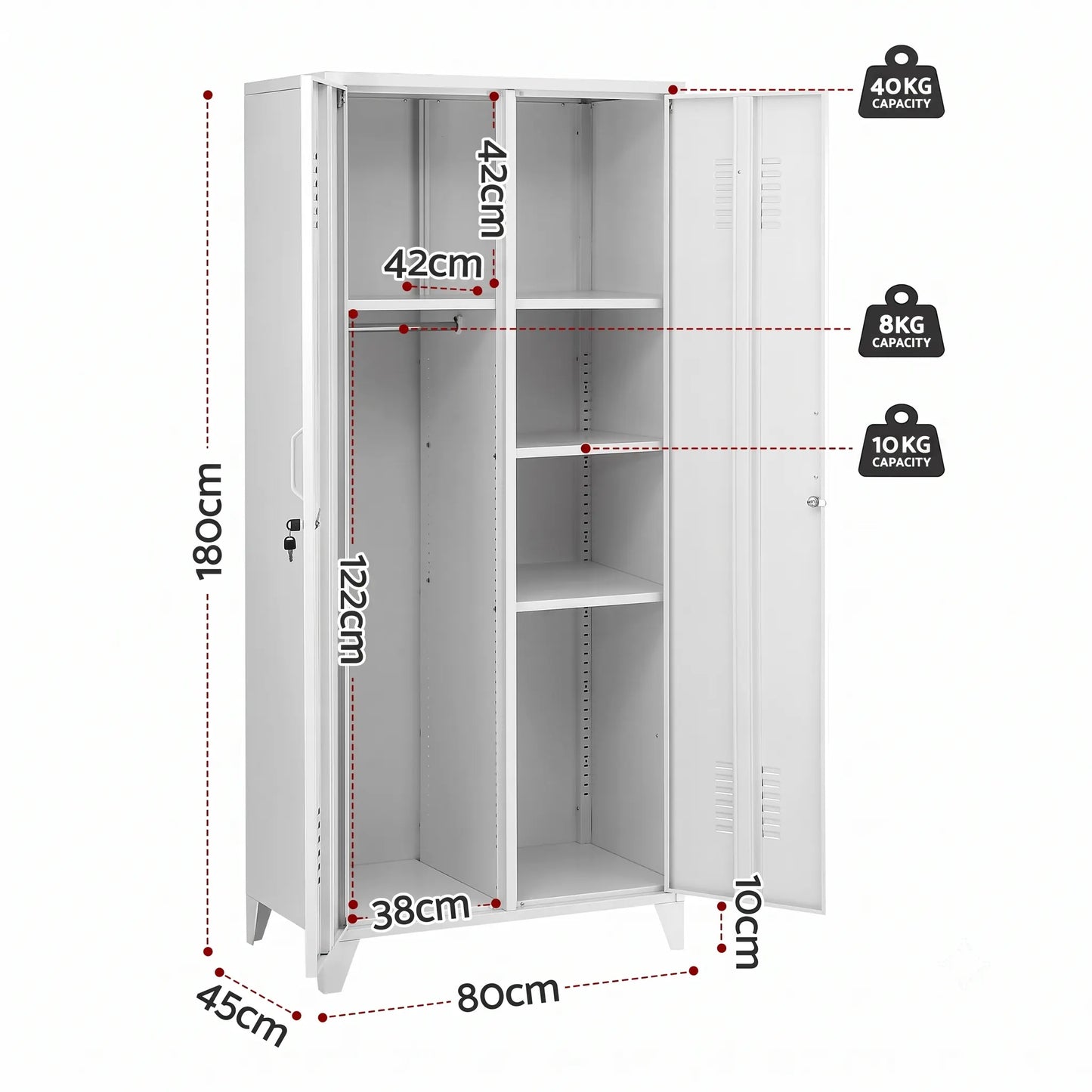 Artiss 2-Door Wardrobe Lockable Cabinet Storage Closet Hanging Rail Adjustable Shelves Cream White - Image 4