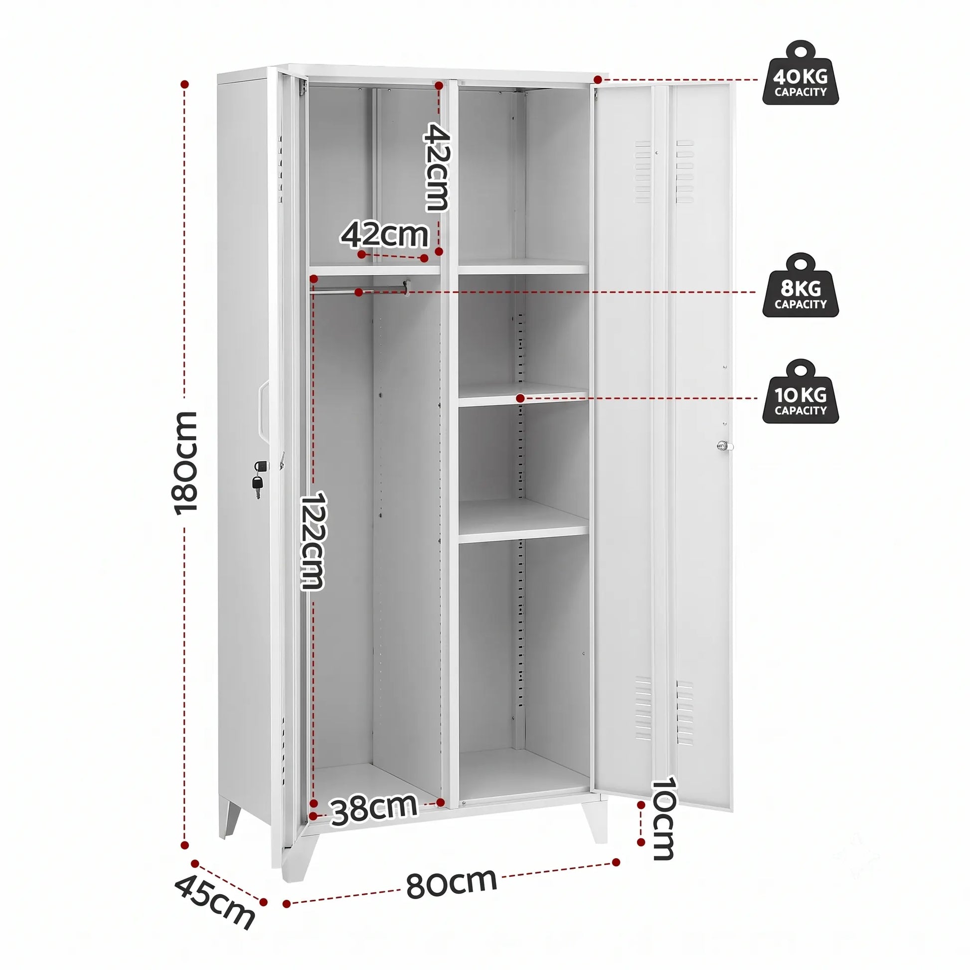 Artiss 2-Door Wardrobe Lockable Cabinet Storage Closet Hanging Rail Adjustable Shelves Cream White - Image 4