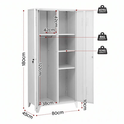 Artiss 2-Door Wardrobe Lockable Cabinet Storage Closet Hanging Rail Adjustable Shelves Cream White - Image 4