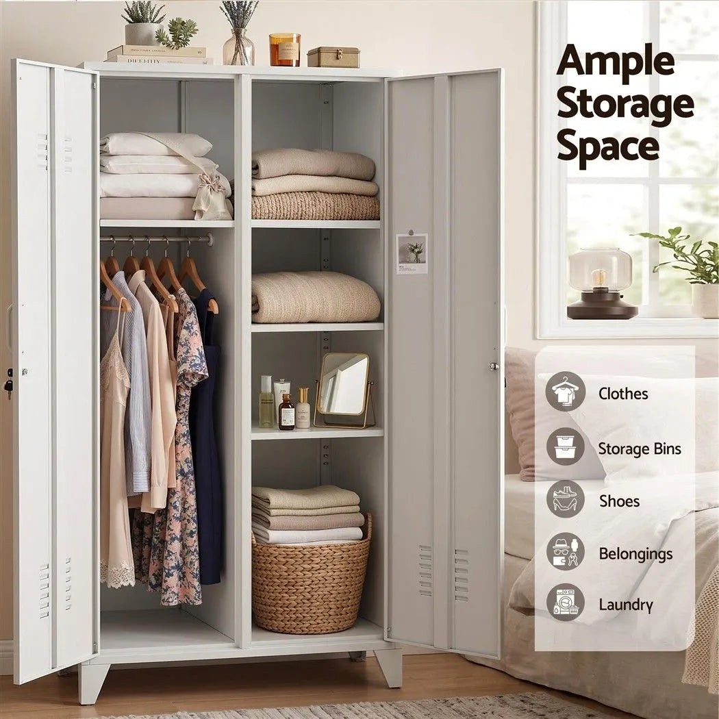 Artiss 2-Door Wardrobe Lockable Cabinet Storage Closet Hanging Rail Adjustable Shelves Cream White - Image 6