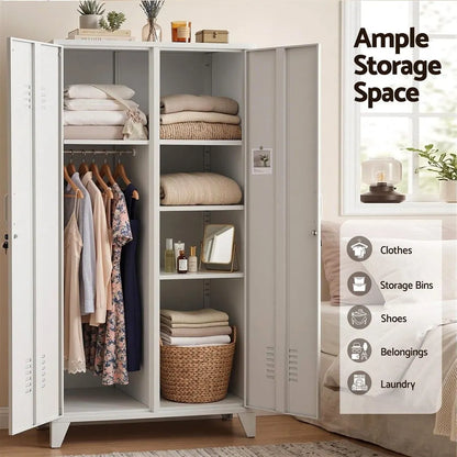 Artiss 2-Door Wardrobe Lockable Cabinet Storage Closet Hanging Rail Adjustable Shelves Cream White - Image 6