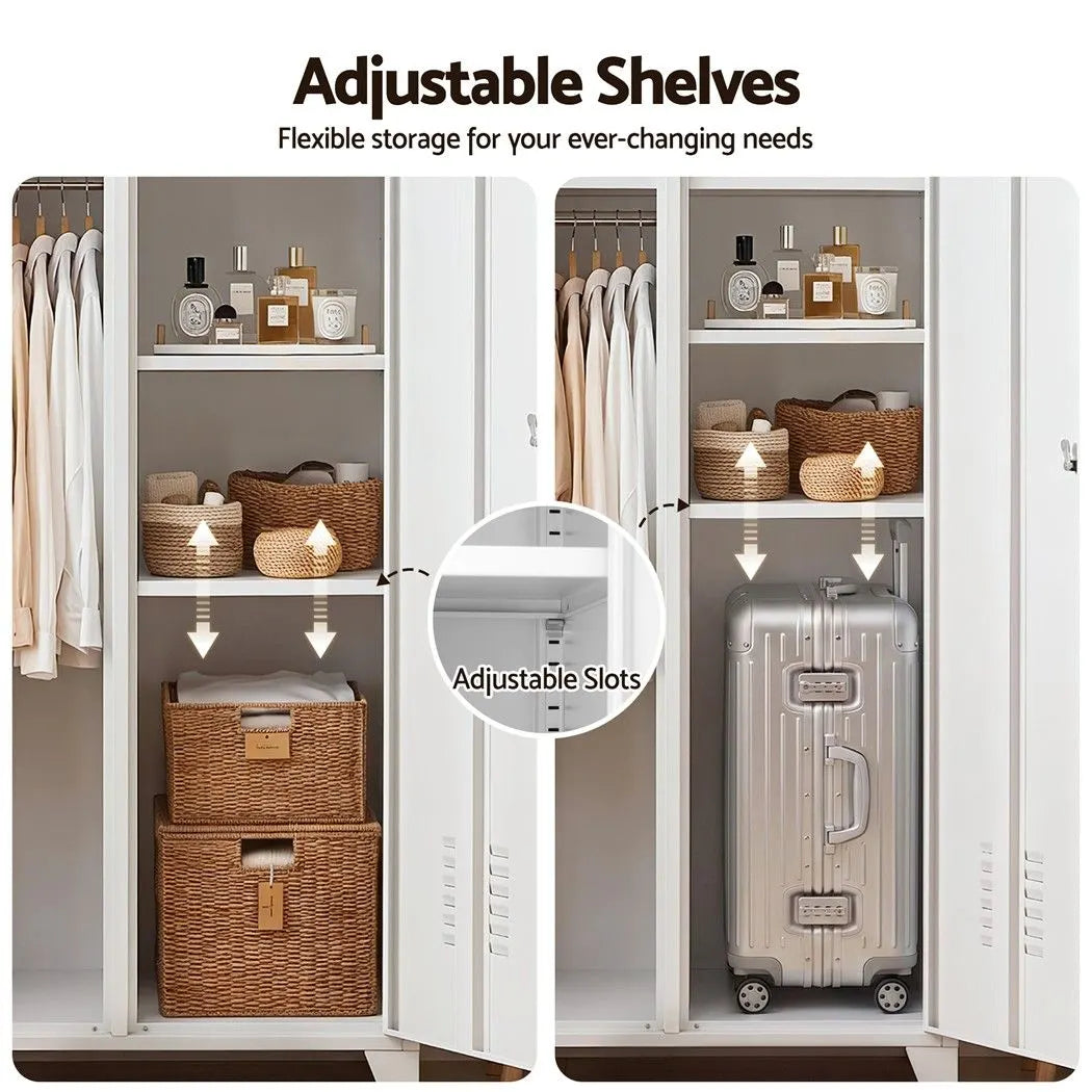 Artiss 2-Door Wardrobe Lockable Cabinet Storage Closet Hanging Rail Adjustable Shelves Cream White - Image 7