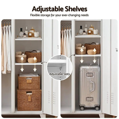 Artiss 2-Door Wardrobe Lockable Cabinet Storage Closet Hanging Rail Adjustable Shelves Cream White - Image 7