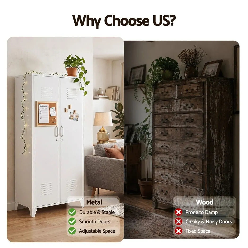Artiss 2-Door Wardrobe Lockable Cabinet Storage Closet Hanging Rail Adjustable Shelves Cream White - Image 9