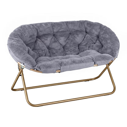 Artiss Double Saucer Chair Soft Faux Fur Lounge Foldable Oversize Chair for Bedroom Grey - Image 2