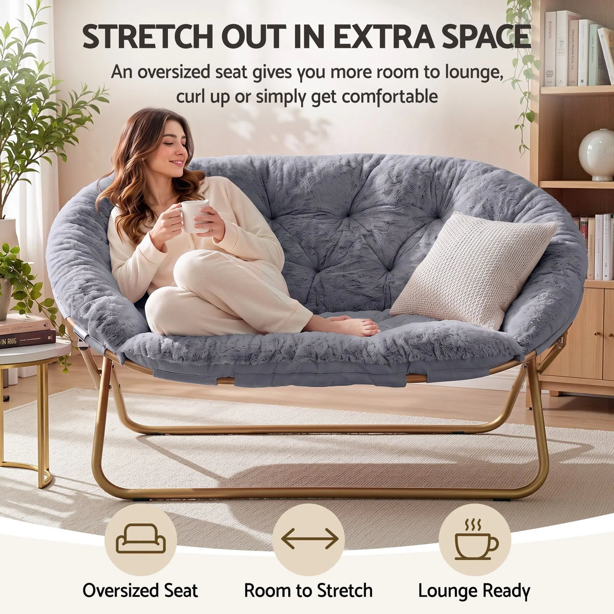 Artiss Double Saucer Chair Soft Faux Fur Lounge Foldable Oversize Chair for Bedroom Grey - Image 5