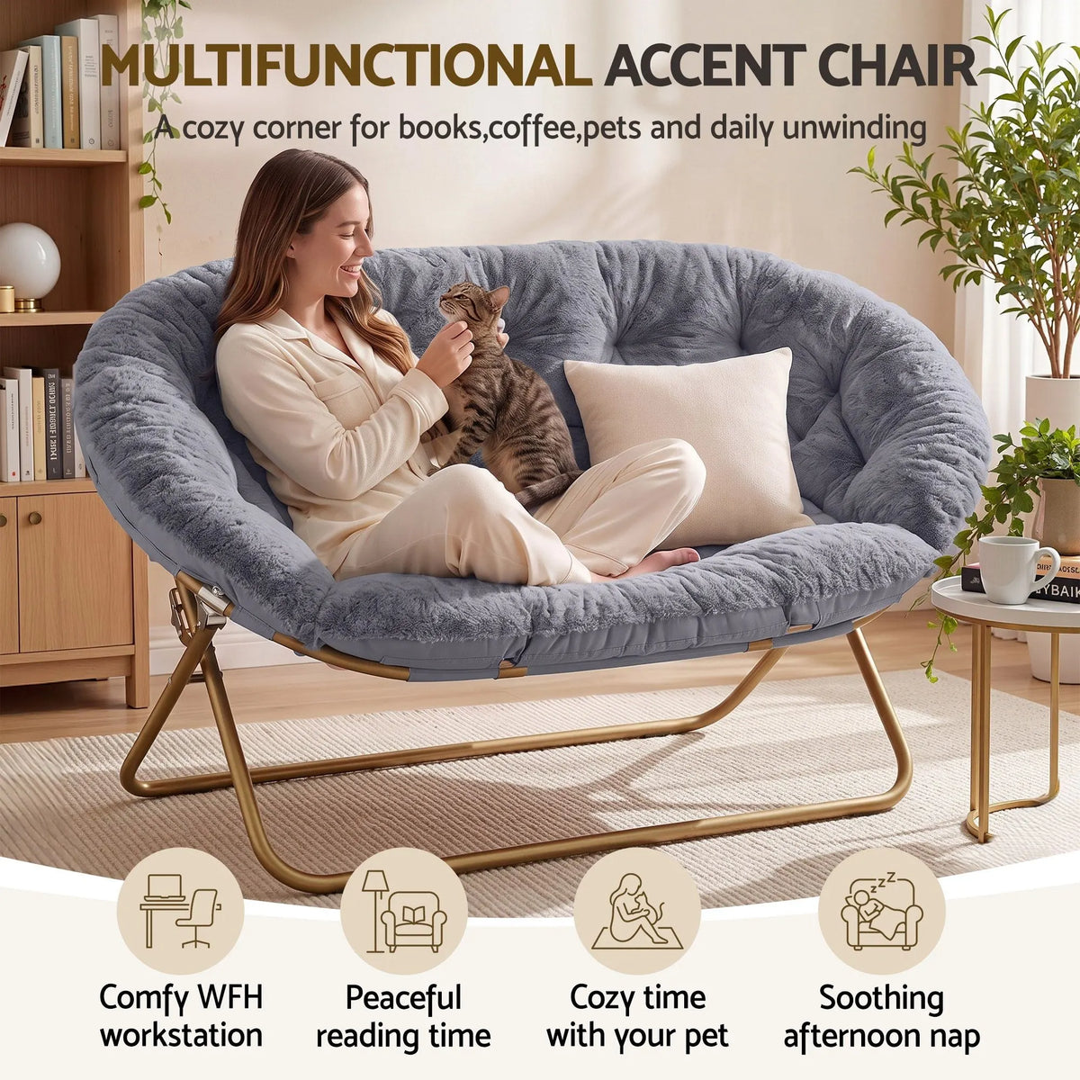 Artiss Double Saucer Chair Soft Faux Fur Lounge Foldable Oversize Chair for Bedroom Grey - Image 6