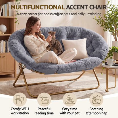 Artiss Double Saucer Chair Soft Faux Fur Lounge Foldable Oversize Chair for Bedroom Grey - Image 6