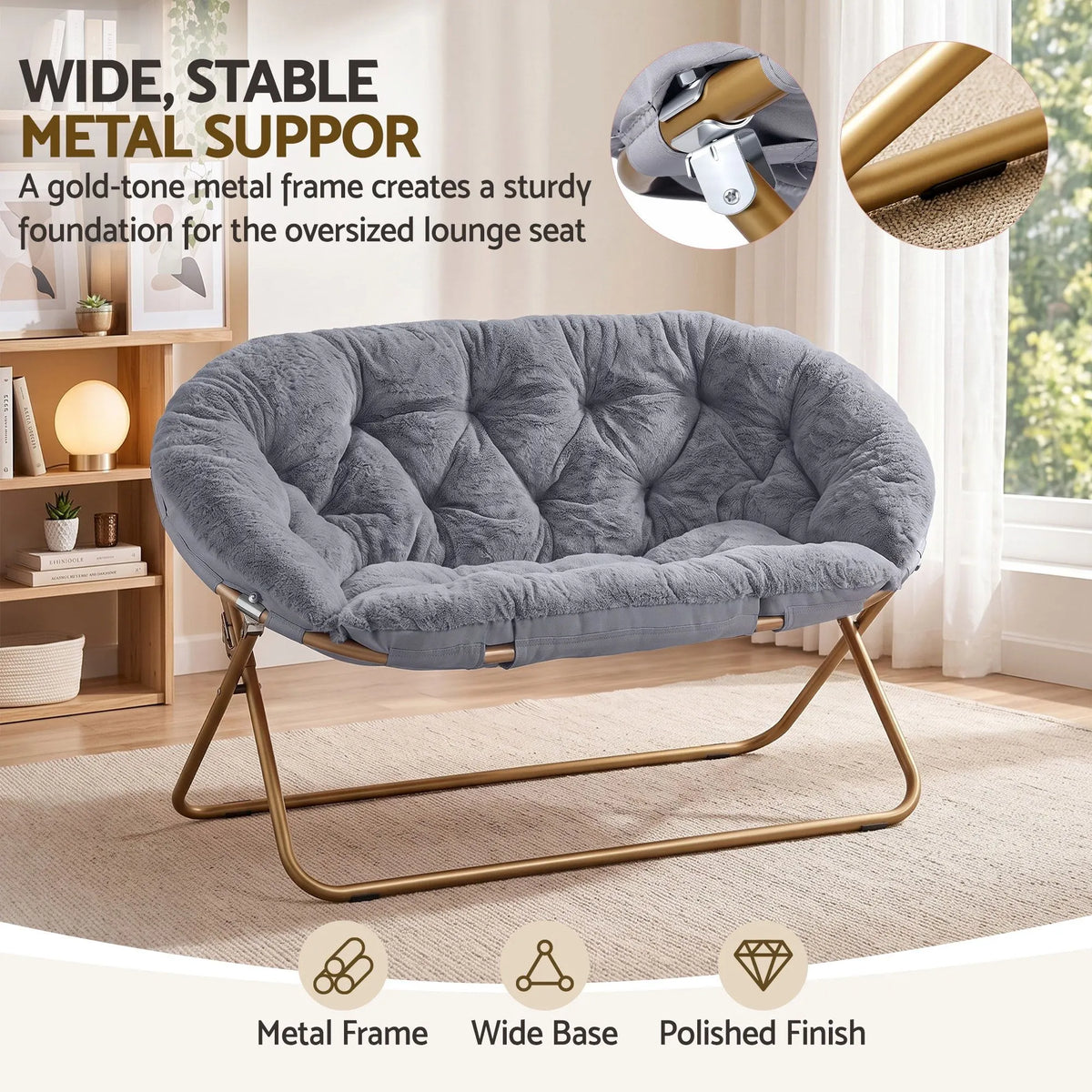 Artiss Double Saucer Chair Soft Faux Fur Lounge Foldable Oversize Chair for Bedroom Grey - Image 7