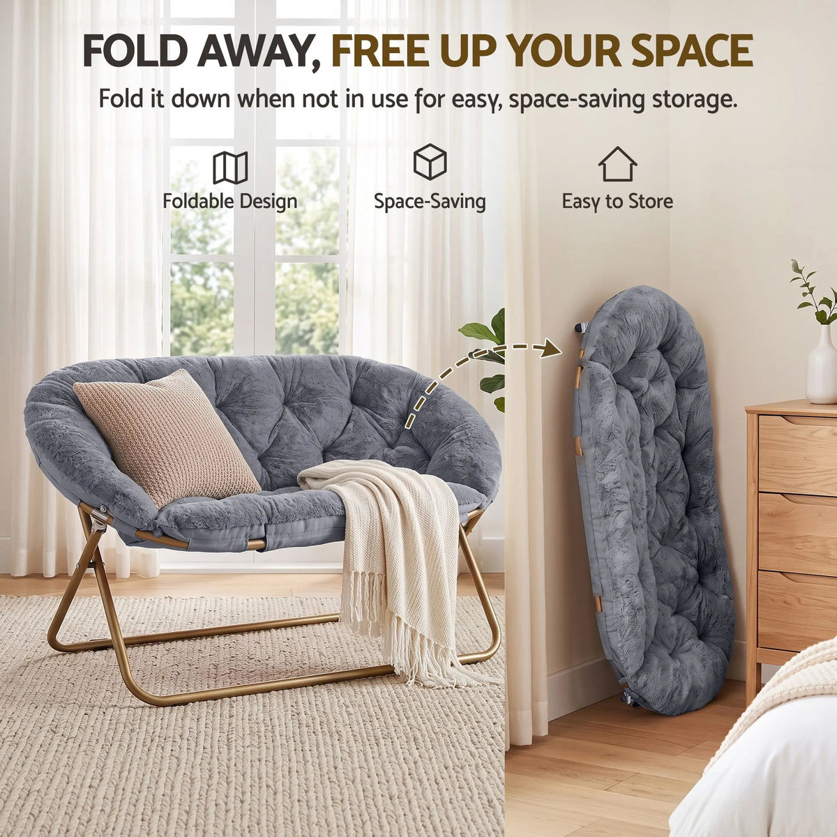 Artiss Double Saucer Chair Soft Faux Fur Lounge Foldable Oversize Chair for Bedroom Grey - Image 9