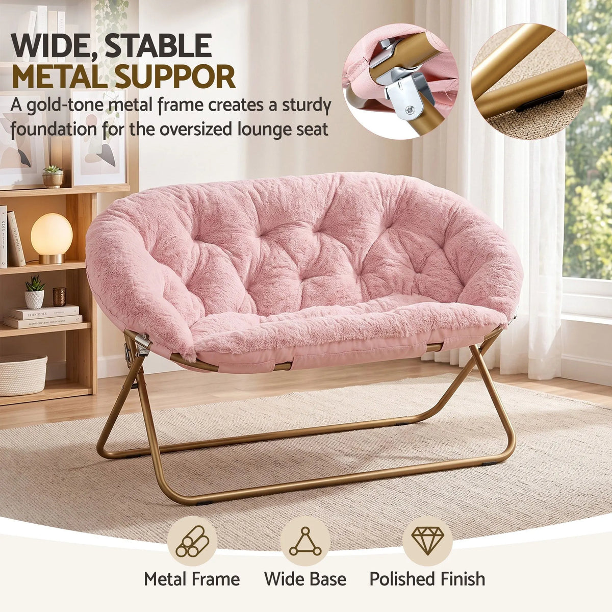 Artiss Double Saucer Chair Soft Faux Fur Lounge Foldable Oversize Chair for Bedroom Pink - Image 7