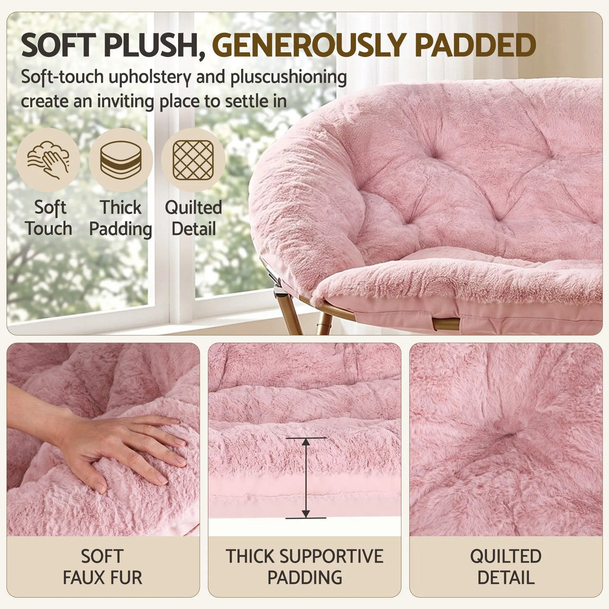 Artiss Double Saucer Chair Soft Faux Fur Lounge Foldable Oversize Chair for Bedroom Pink - Image 8