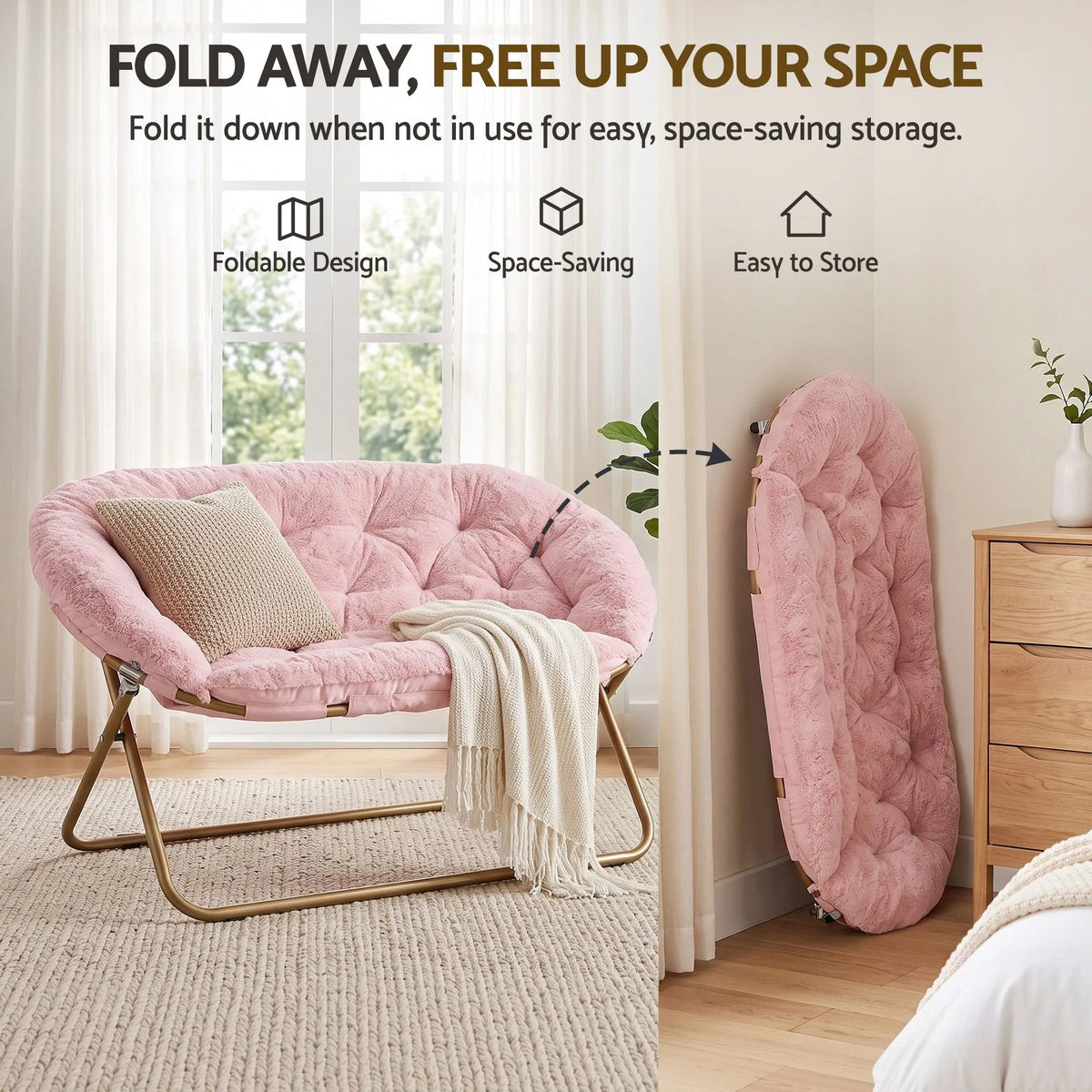 Artiss Double Saucer Chair Soft Faux Fur Lounge Foldable Oversize Chair for Bedroom Pink - Image 9