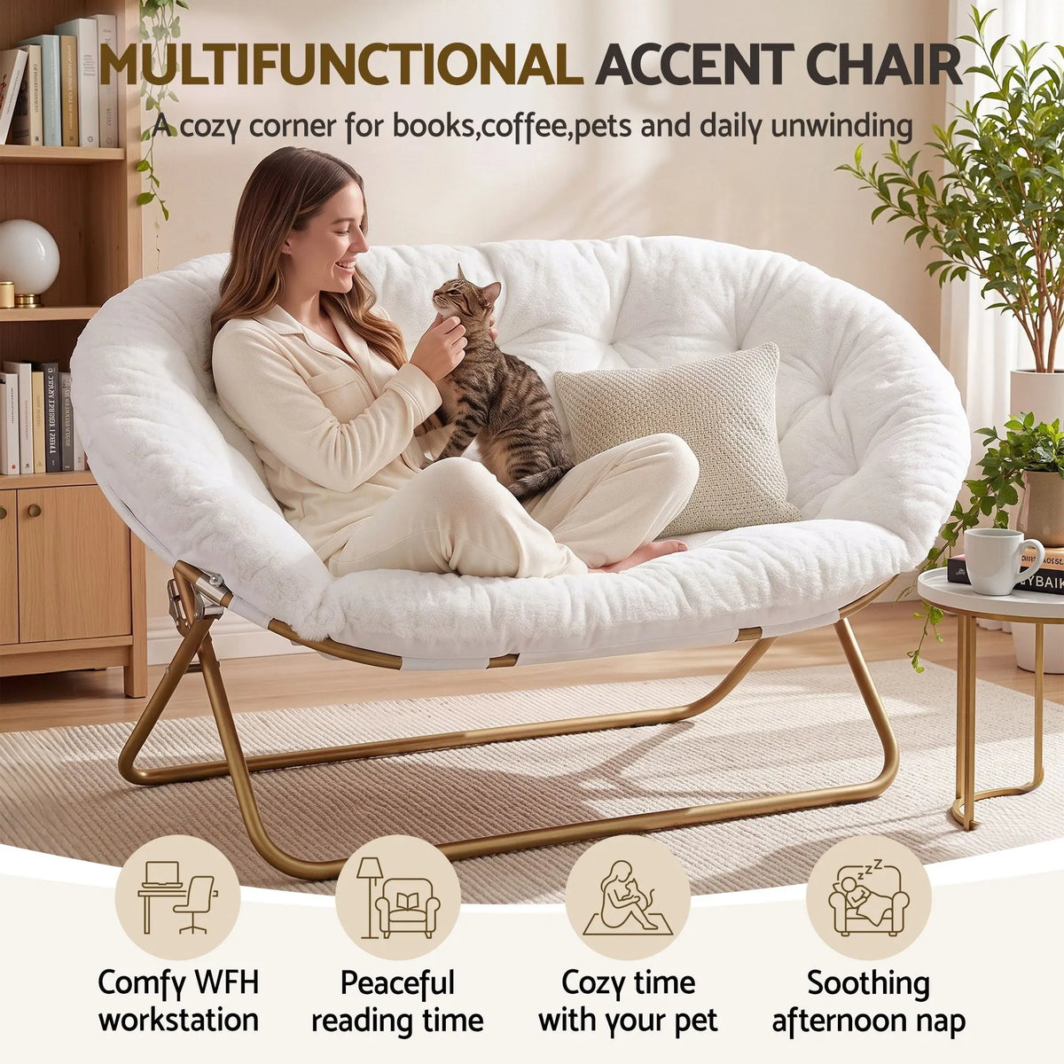 Artiss Double Saucer Chair Soft Faux Fur Lounge Foldable Oversize Chair for Bedroom White - Image 6