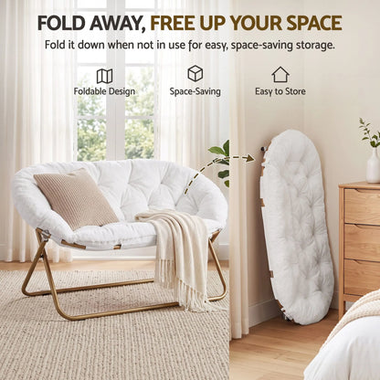 Artiss Double Saucer Chair Soft Faux Fur Lounge Foldable Oversize Chair for Bedroom White - Image 9