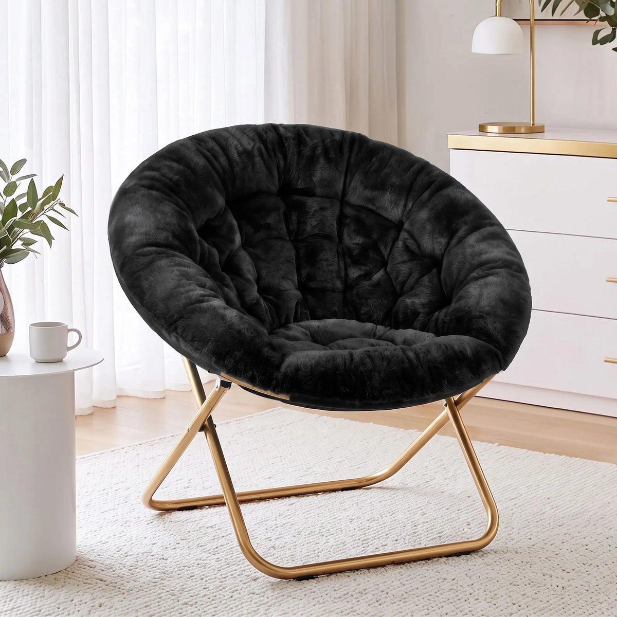 Artiss Cozy Saucer Chair Soft Faux Fur Folding Accent Chair for Bedroom Black