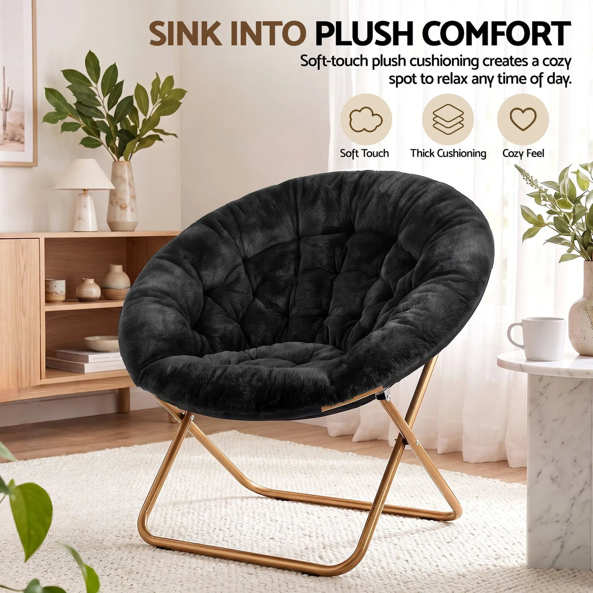 Artiss Cozy Saucer Chair Soft Faux Fur Folding Accent Chair for Bedroom Black - Image 5