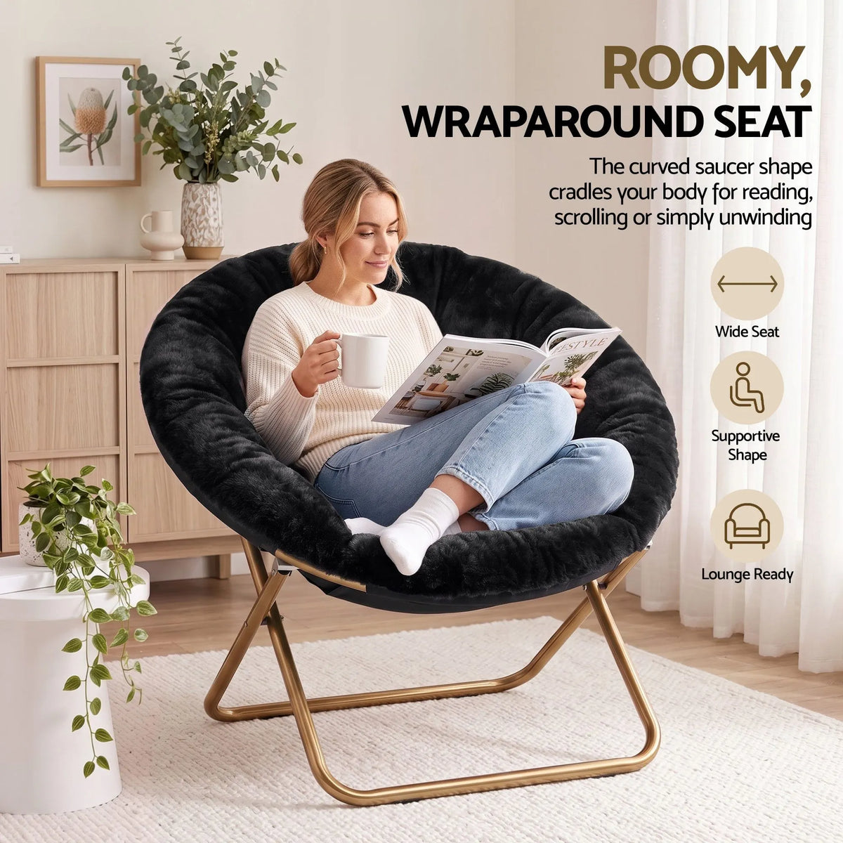 Artiss Cozy Saucer Chair Soft Faux Fur Folding Accent Chair for Bedroom Black - Image 6