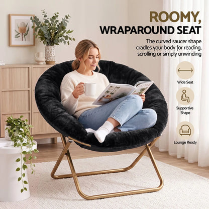 Artiss Cozy Saucer Chair Soft Faux Fur Folding Accent Chair for Bedroom Black - Image 6