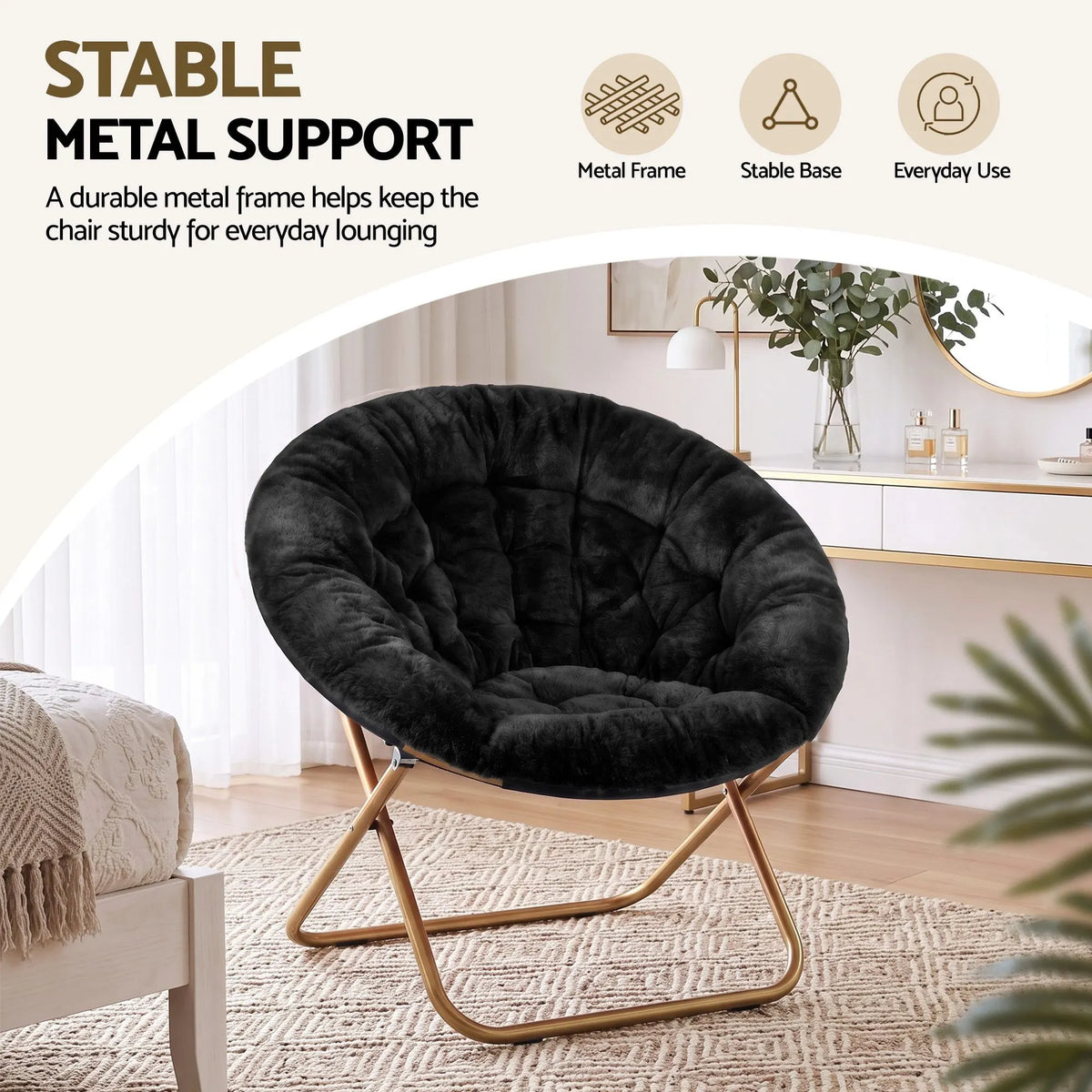 Artiss Cozy Saucer Chair Soft Faux Fur Folding Accent Chair for Bedroom Black - Image 7