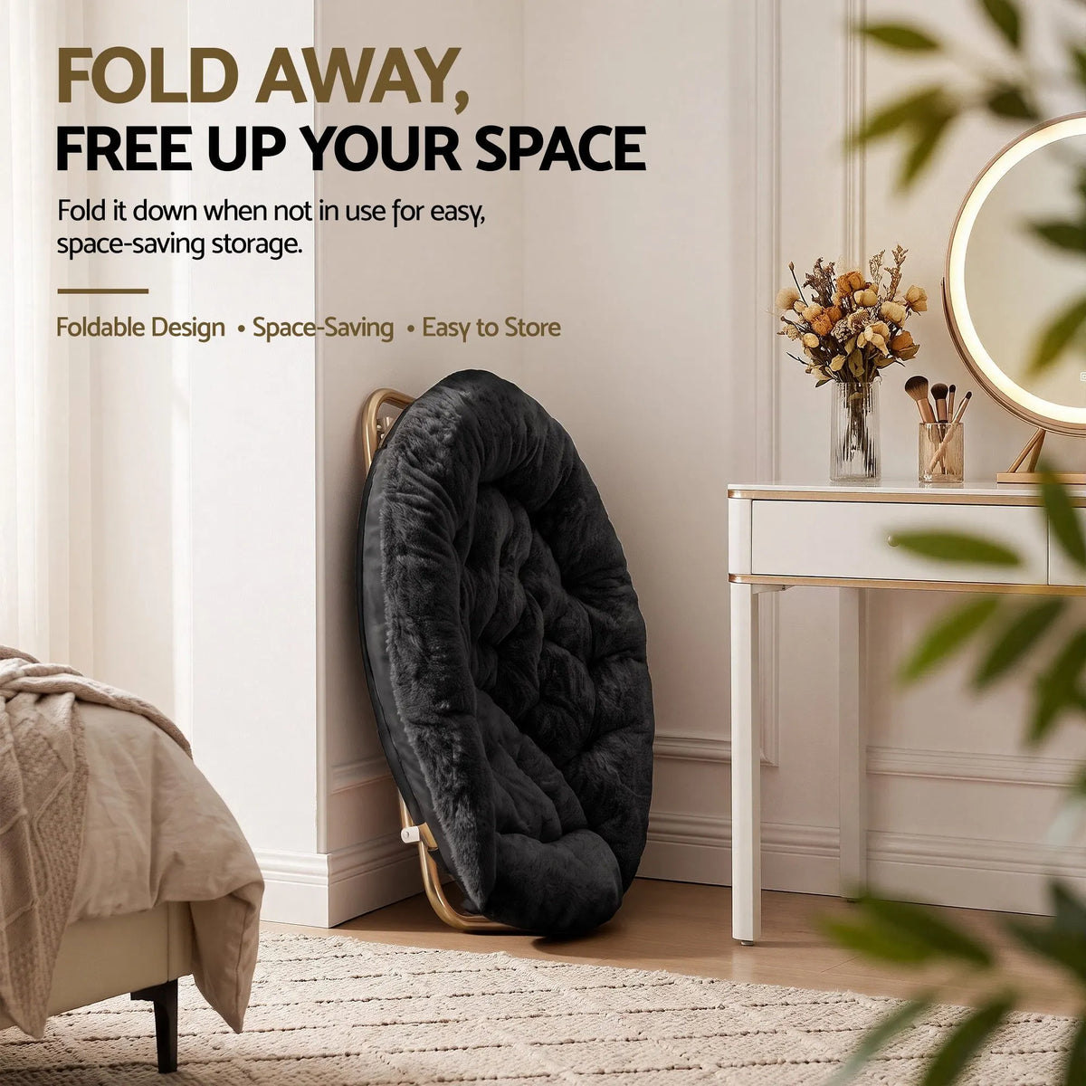 Artiss Cozy Saucer Chair Soft Faux Fur Folding Accent Chair for Bedroom Black - Image 8