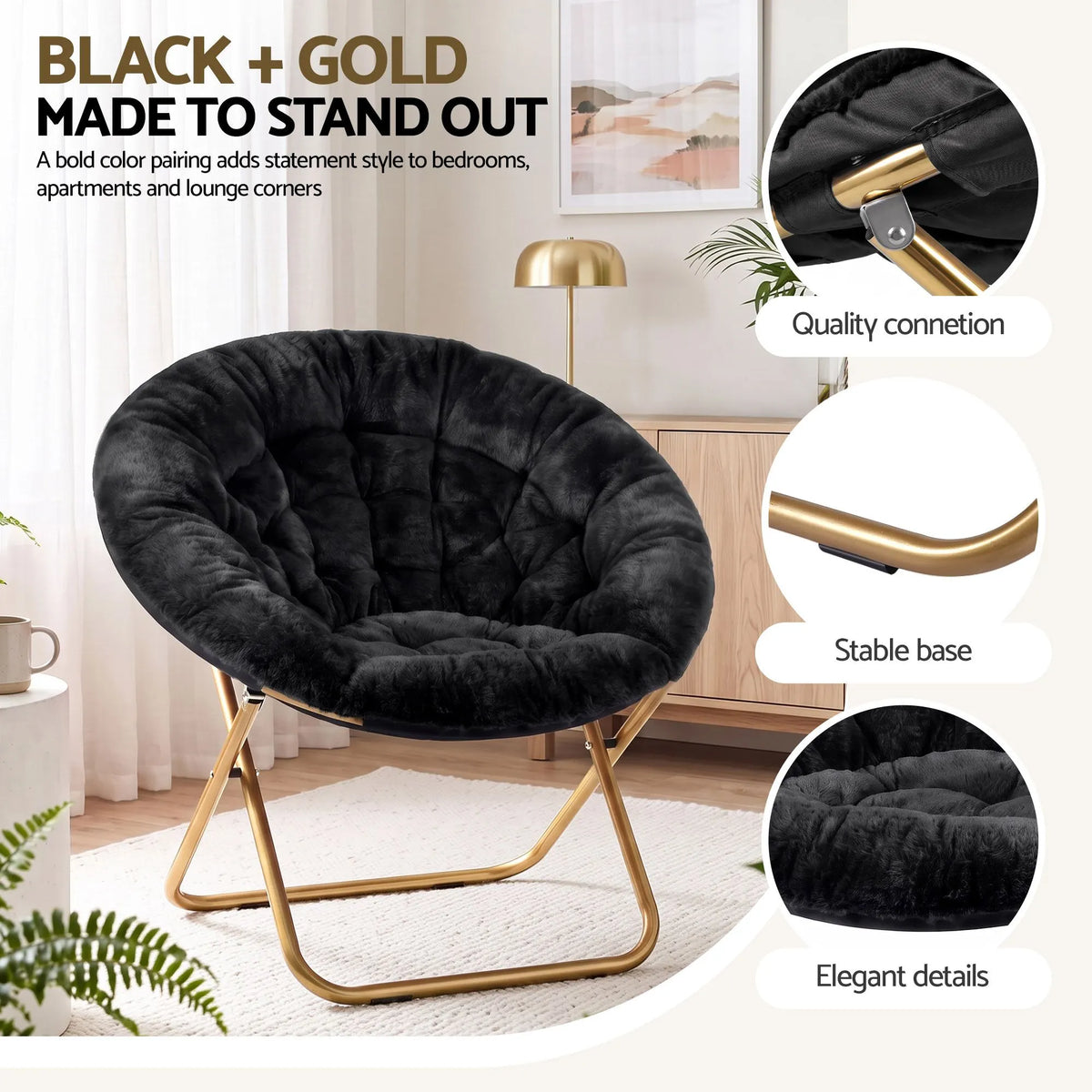 Artiss Cozy Saucer Chair Soft Faux Fur Folding Accent Chair for Bedroom Black - Image 9