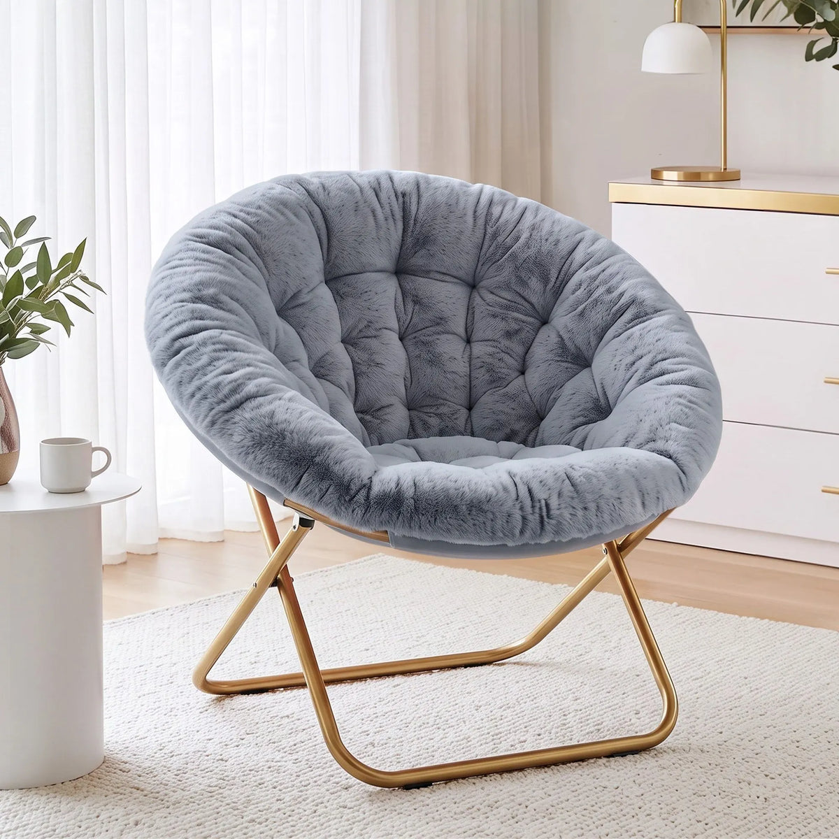 Artiss Cozy Saucer Chair Soft Faux Fur Folding Accent Chair for Bedroom Grey