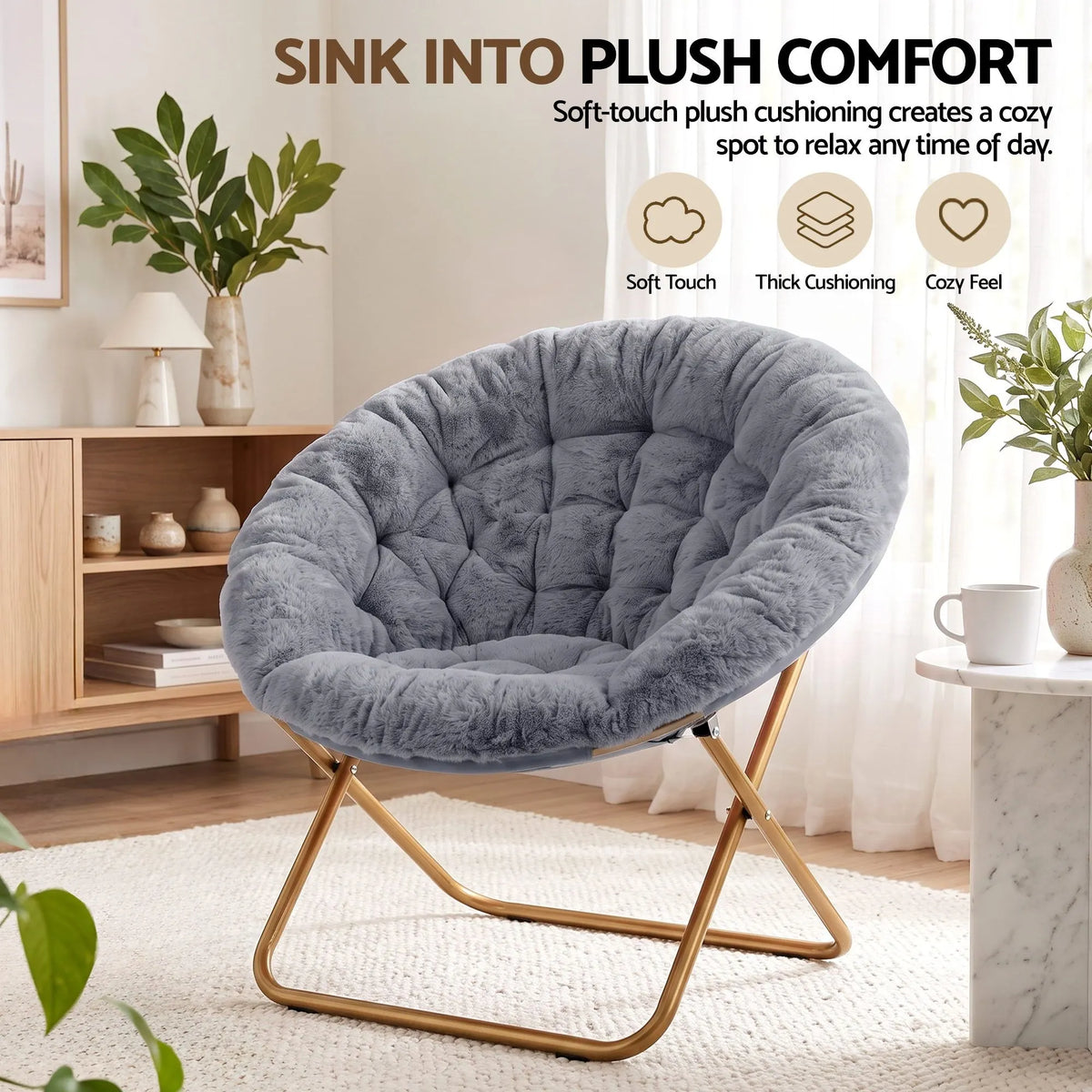 Artiss Cozy Saucer Chair Soft Faux Fur Folding Accent Chair for Bedroom Grey - Image 5