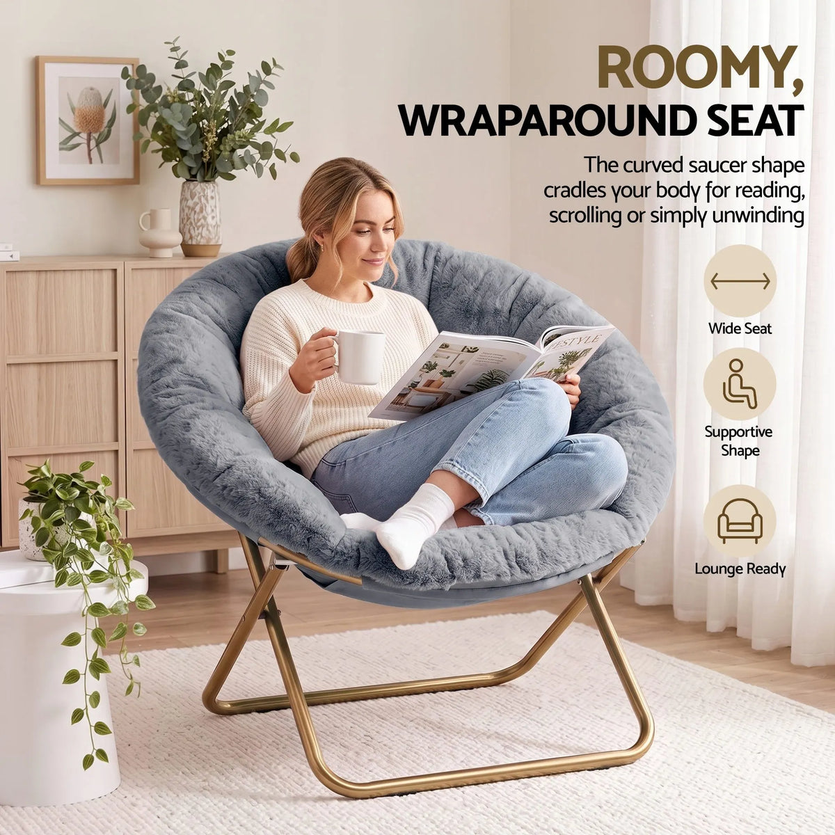 Artiss Cozy Saucer Chair Soft Faux Fur Folding Accent Chair for Bedroom Grey - Image 6