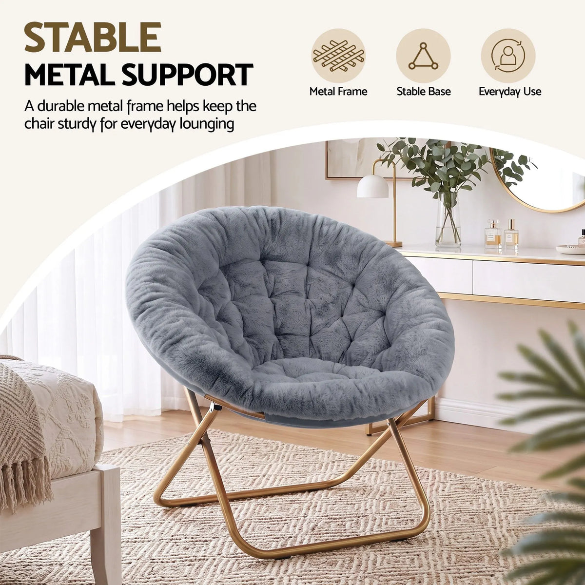 Artiss Cozy Saucer Chair Soft Faux Fur Folding Accent Chair for Bedroom Grey - Image 7