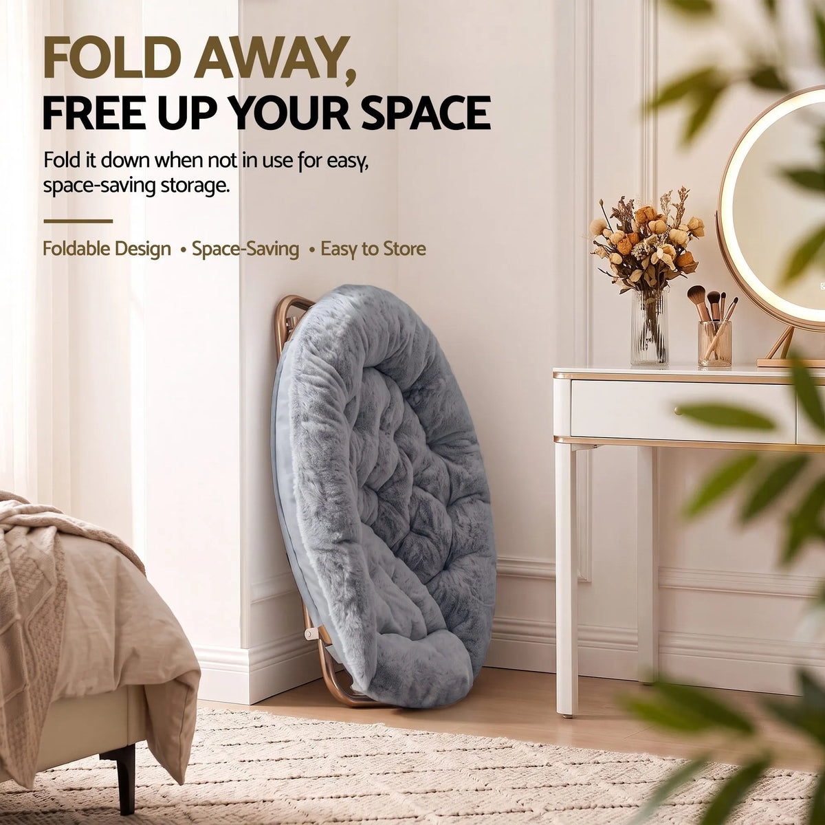 Artiss Cozy Saucer Chair Soft Faux Fur Folding Accent Chair for Bedroom Grey - Image 8